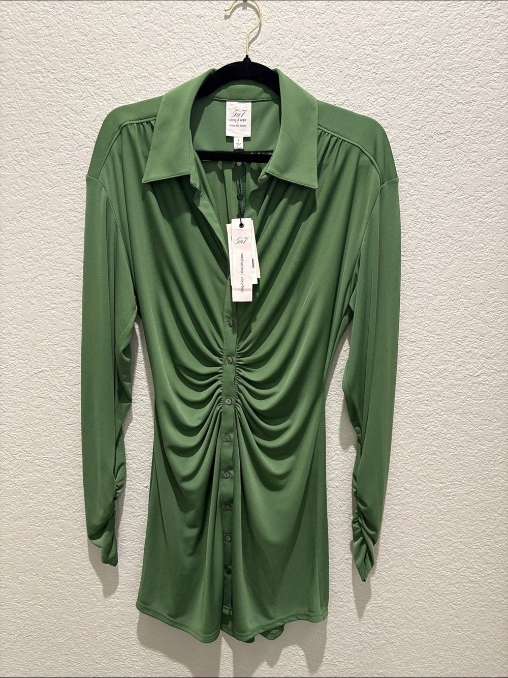 NWT Cinq à Sept Arden Ruched Shirt Dress Green Small